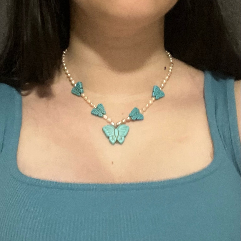 Vanessa Mooney Turquoise Butterflies and Freshwater Pearl Choker Necklace